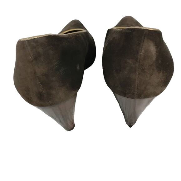 PETRA Brown Pumps Suede Gold Leather Trim Cone Heels Almond Toe Italy Size 7.5M - Picture 6 of 8